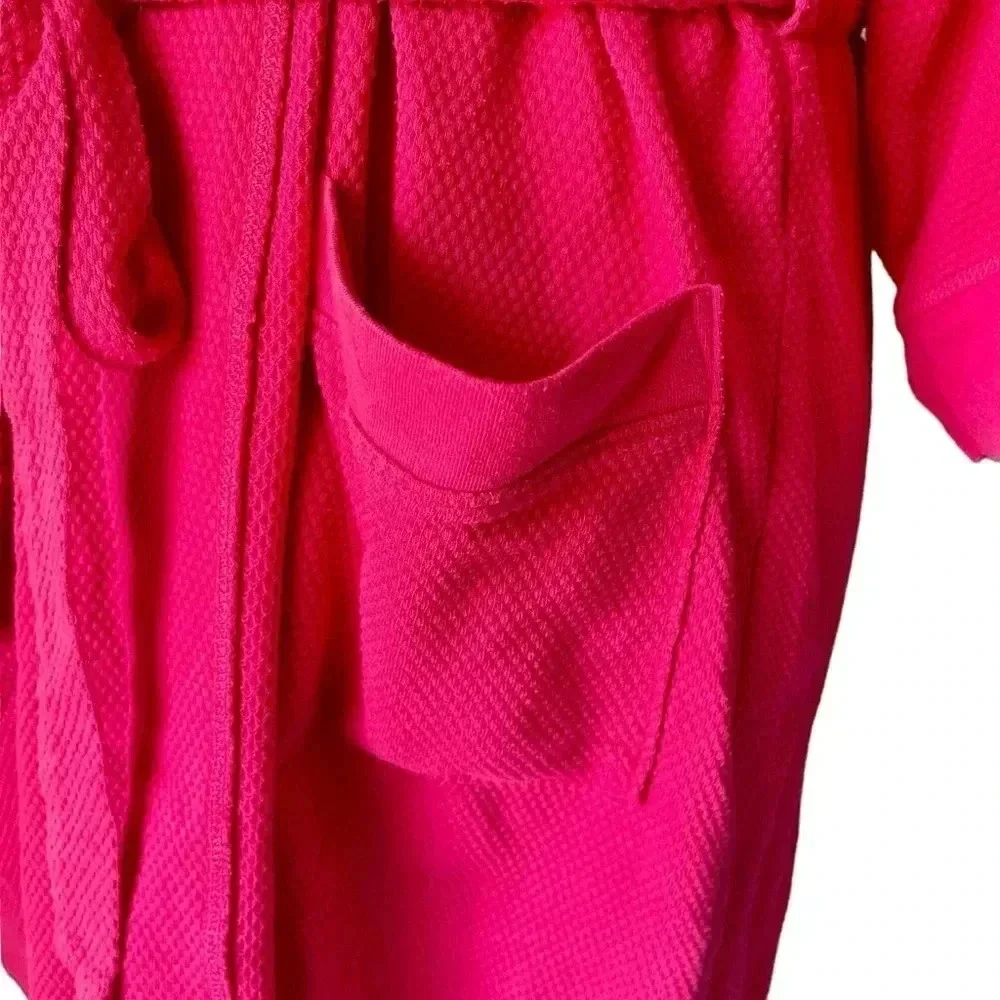 Natori Women Size L Bath Robe Textured Knit Hot Pink Belted Cotton Blend Pockets